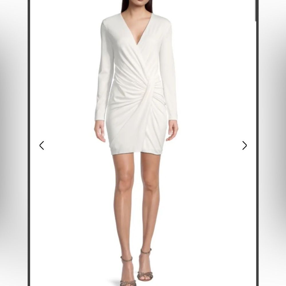 Black Halo Womens Abina White Ruched Faux Draped Wrap V-Neck Mini Dress. Size 12